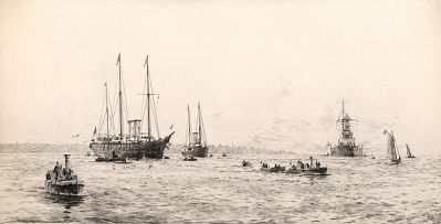 HM Yacht Victoria and Albert Wearing Court Flags - Off Cowes with Guard Ship Warspite - LANGMAID, Rowland